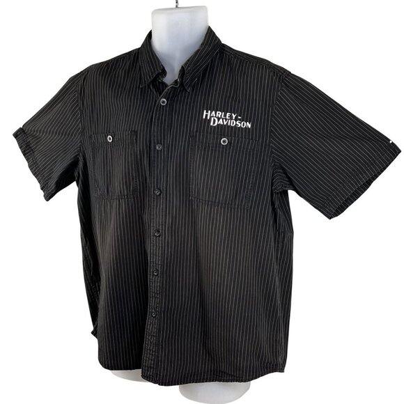 Harley-Davidson Mens L Black Striped Short Sleeve Button-Up Mechanic Shirt Biker - Picture 5 of 16